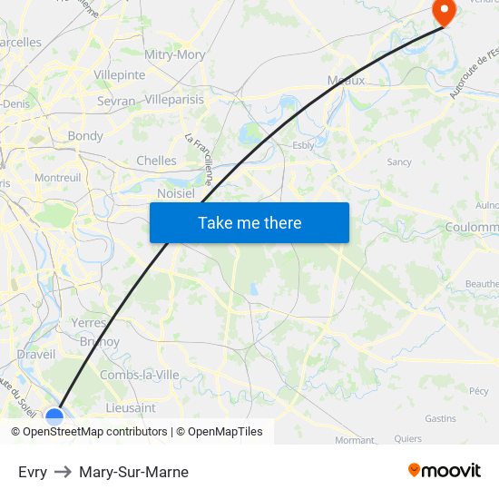 Evry to Mary-Sur-Marne map