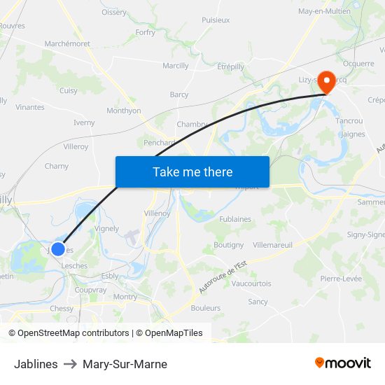 Jablines to Mary-Sur-Marne map