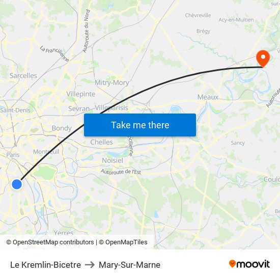 Le Kremlin-Bicetre to Mary-Sur-Marne map