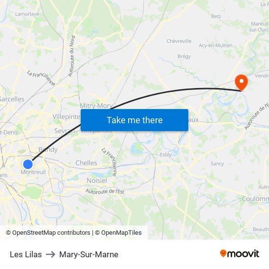 Les Lilas to Mary-Sur-Marne map