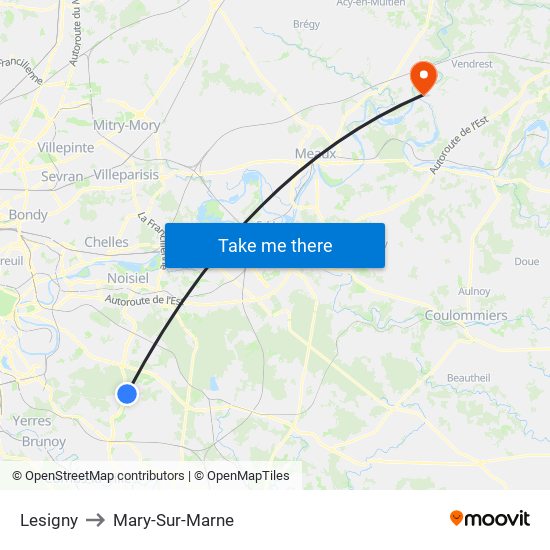 Lesigny to Mary-Sur-Marne map