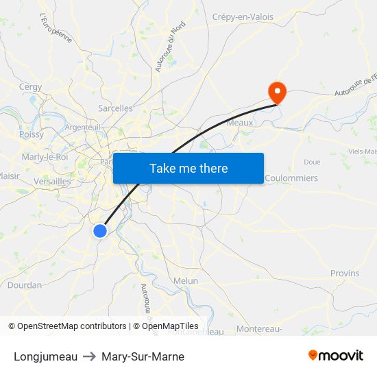 Longjumeau to Mary-Sur-Marne map