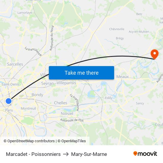 Marcadet - Poissonniers to Mary-Sur-Marne map