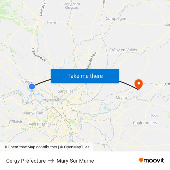 Cergy Préfecture to Mary-Sur-Marne map