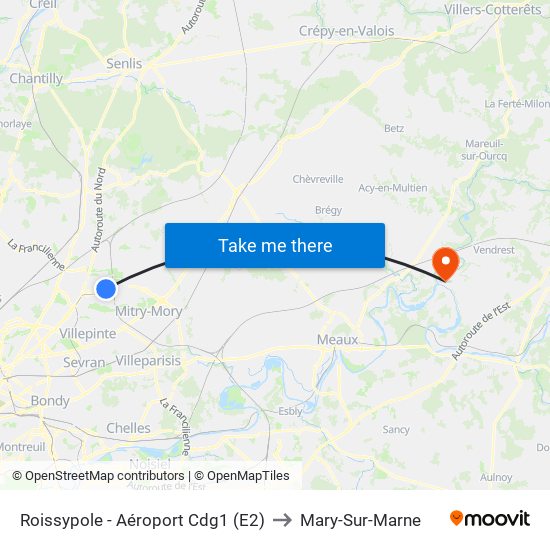 Roissypole - Aéroport Cdg1 (E2) to Mary-Sur-Marne map