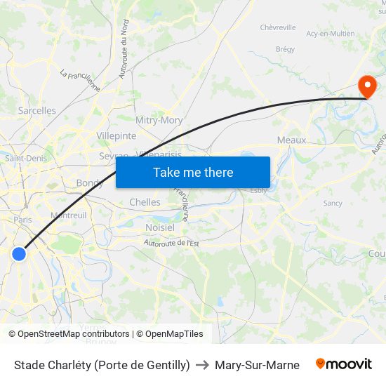 Stade Charléty (Porte de Gentilly) to Mary-Sur-Marne map