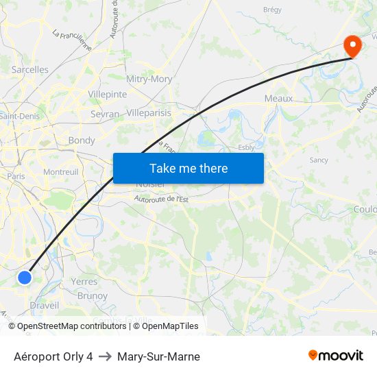 Aéroport Orly 4 to Mary-Sur-Marne map