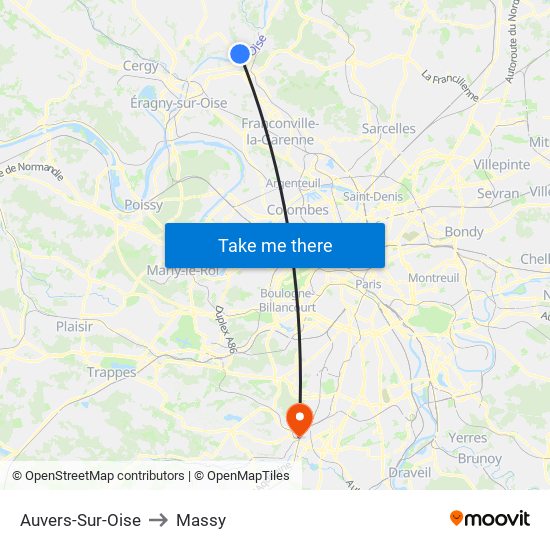 Auvers-Sur-Oise to Massy map