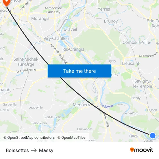 Boissettes to Massy map