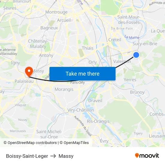 Boissy-Saint-Leger to Massy map