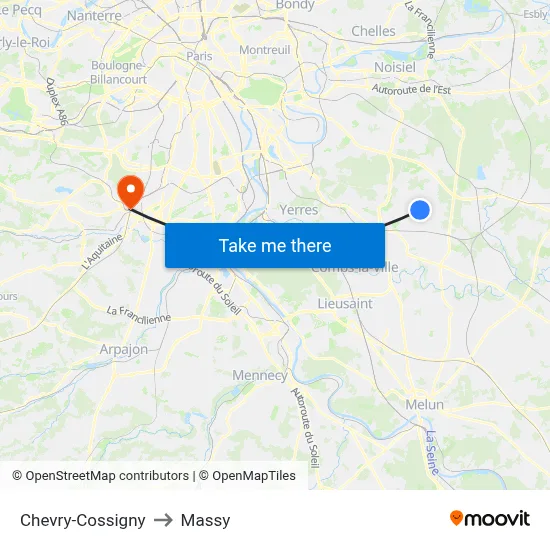 Chevry-Cossigny to Massy map