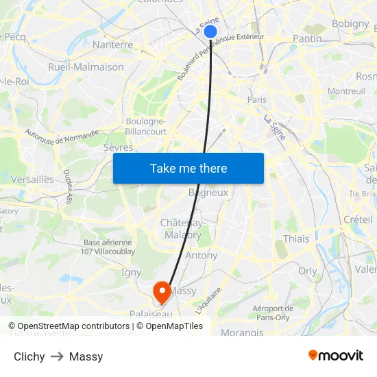Clichy to Massy map