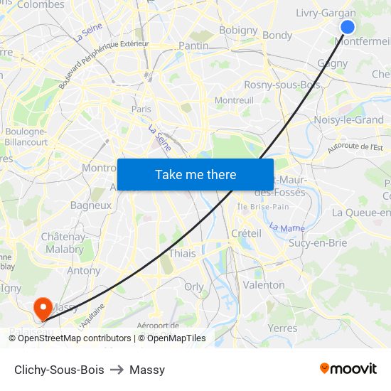 Clichy-Sous-Bois to Massy map