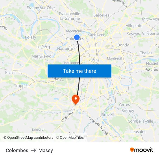 Colombes to Massy map