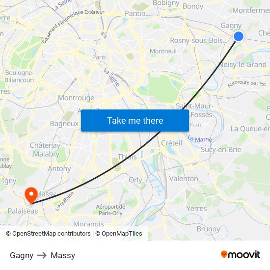 Gagny to Massy map