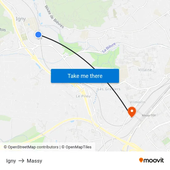 Igny to Massy map