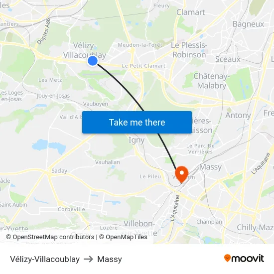 Vélizy-Villacoublay to Massy map
