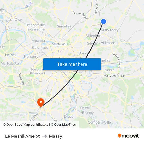 Le Mesnil-Amelot to Massy map