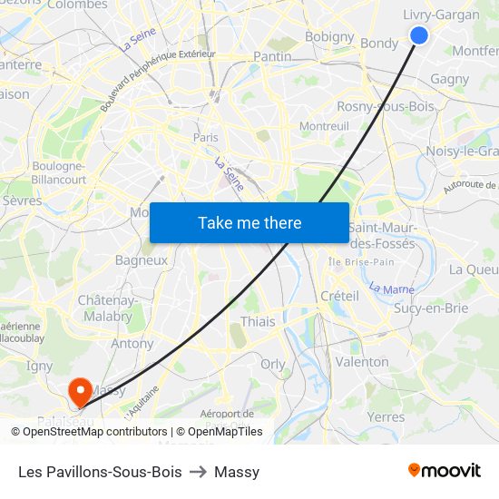 Les Pavillons-Sous-Bois to Massy map