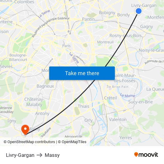 Livry-Gargan to Massy map