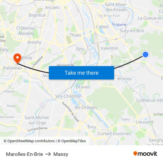 Marolles-En-Brie to Massy map