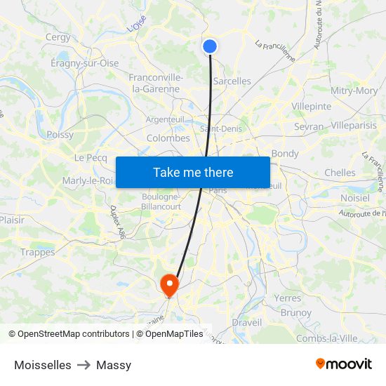 Moisselles to Massy map