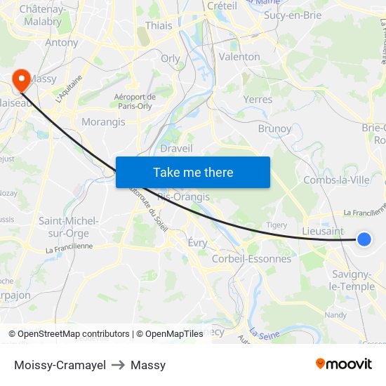 Moissy-Cramayel to Massy map