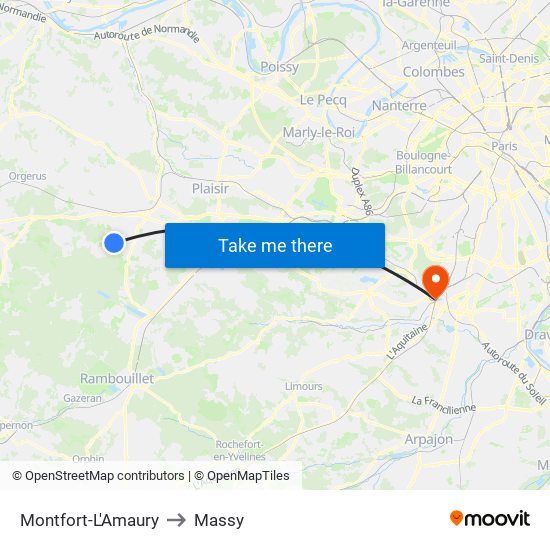Montfort-L'Amaury to Massy map
