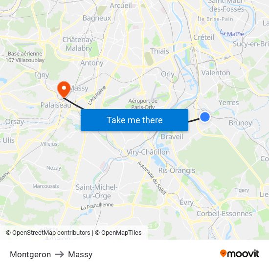 Montgeron to Massy map