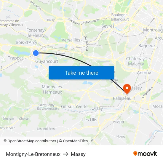 Montigny-Le-Bretonneux to Massy map