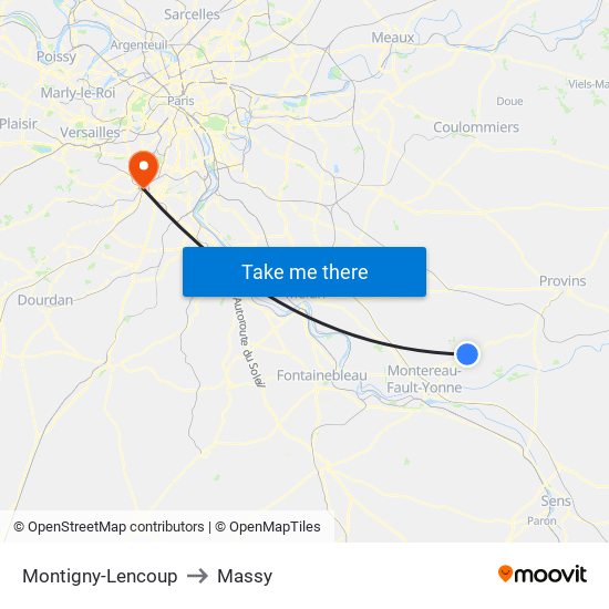 Montigny-Lencoup to Massy map