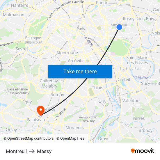Montreuil to Massy map