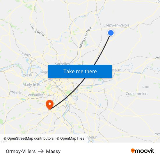 Ormoy-Villers to Massy map