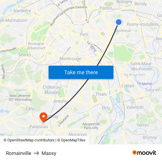 Romainville to Massy map