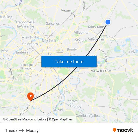 Thieux to Massy map