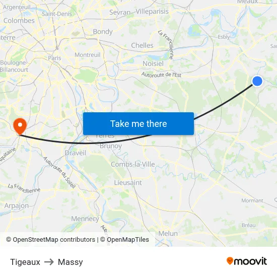 Tigeaux to Massy map