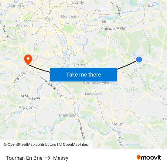 Tournan-En-Brie to Massy map