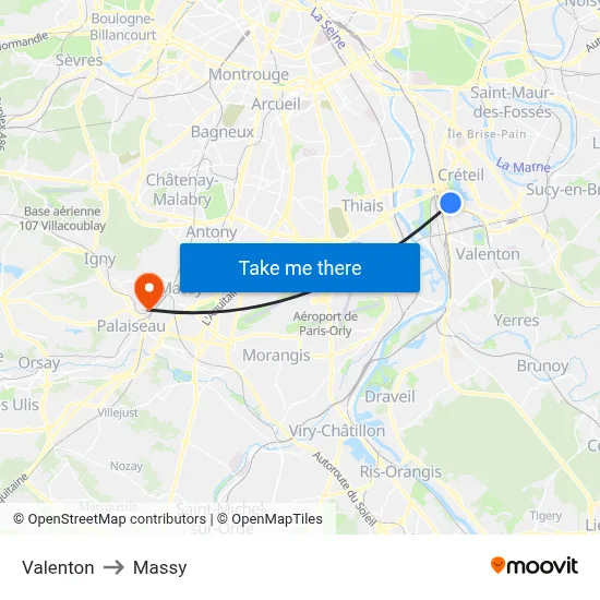 Valenton to Massy map