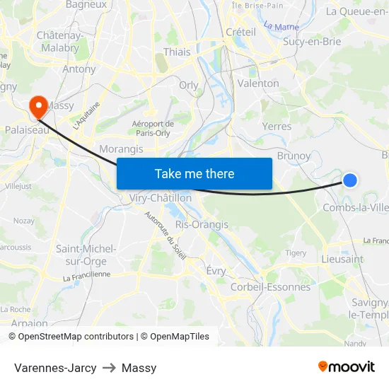 Varennes-Jarcy to Massy map