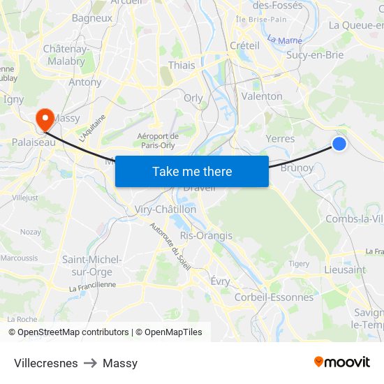 Villecresnes to Massy map