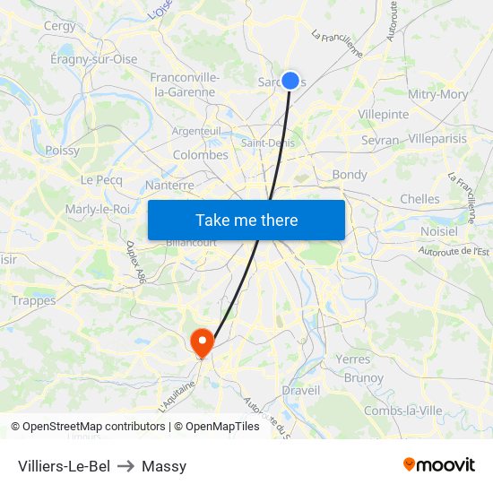 Villiers-Le-Bel to Massy map