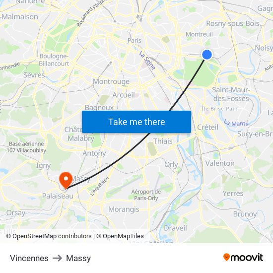 Vincennes to Massy map