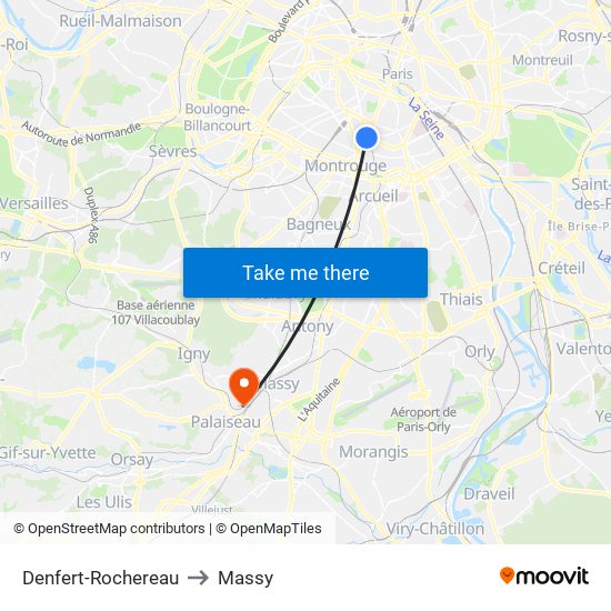 Denfert-Rochereau to Massy map