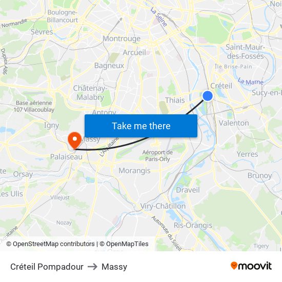 Créteil Pompadour to Massy map