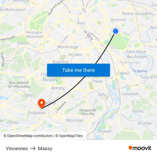 Vincennes to Massy map