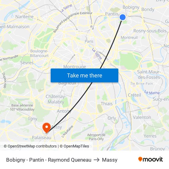 Bobigny - Pantin - Raymond Queneau to Massy map