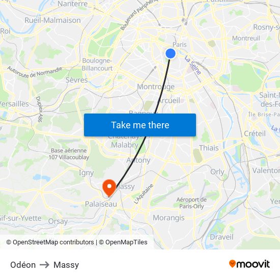 Odéon to Massy map