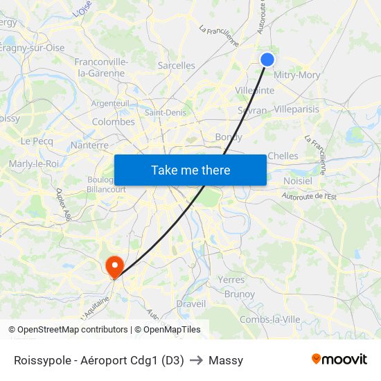 Roissypole - Aéroport Cdg1 (D3) to Massy map