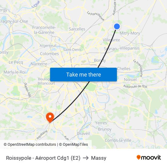 Roissypole - Aéroport Cdg1 (E2) to Massy map