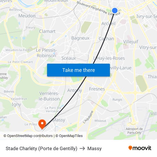 Stade Charléty (Porte de Gentilly) to Massy map